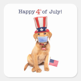 Adesivo Quadrado Feliz 4 de julho, "Cute Puppy in Face Mask"