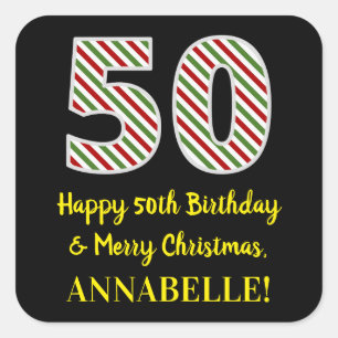 Adesivo Quadrado Feliz 50º aniversário e Feliz Natal, Nome Person
