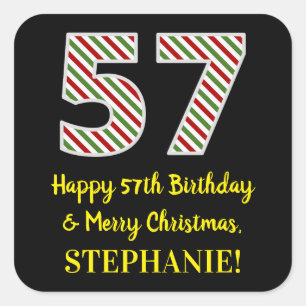 Adesivo Quadrado Feliz 57º aniversário e Feliz Natal, Nome Person