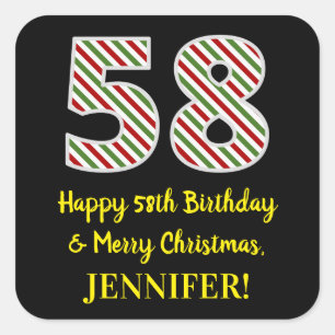 Adesivo Quadrado Feliz 58º aniversário e Feliz Natal, Nome Person