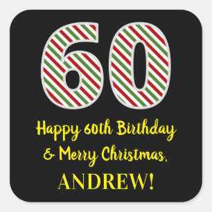 Adesivo Quadrado Feliz 60º aniversário e Feliz Natal, Nome Person