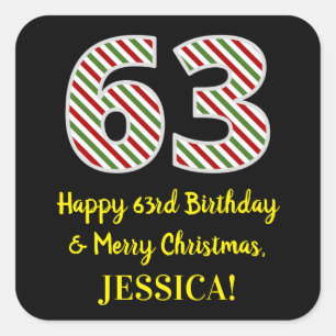 Adesivo Quadrado Feliz 63º aniversário e Feliz Natal, Nome Person