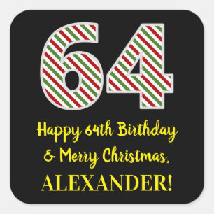 Adesivo Quadrado Feliz 64º aniversário e Feliz Natal, Nome Person