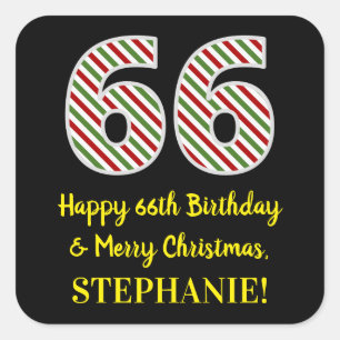 Adesivo Quadrado Feliz 66º aniversário e Feliz Natal, Nome Person