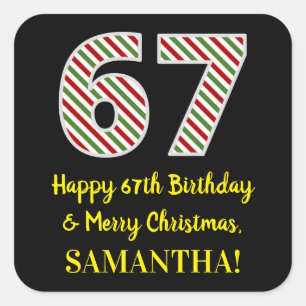 Adesivo Quadrado Feliz 67º aniversário e Feliz Natal, Nome Person