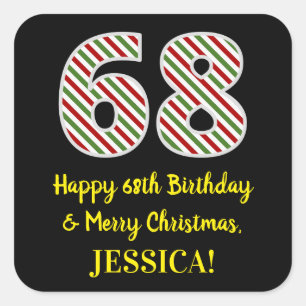 Adesivo Quadrado Feliz 68º aniversário e Feliz Natal, Nome Person