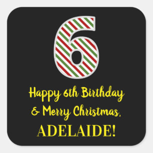 Adesivo Quadrado Feliz 6 de aniversário e Feliz Natal, Nome Person