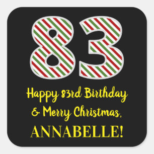 Adesivo Quadrado Feliz 83º aniversário e Feliz Natal, Nome Person