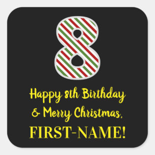 Adesivo Quadrado Feliz 8.º aniversário e Feliz Natal, Nome Person