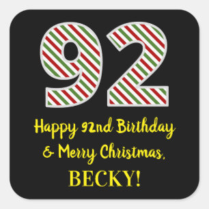 Adesivo Quadrado Feliz 92º Aniversário e Feliz Natal, Nome Person