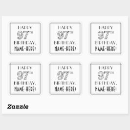 Adesivo Quadrado FELIZ 97.º ANIVERSÁRIO, Estilo de Deco de Arte, No