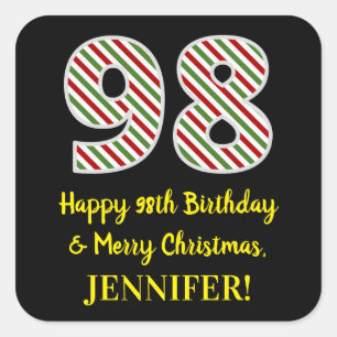 Adesivo Quadrado Feliz 98º aniversário e Feliz Natal, Nome Person