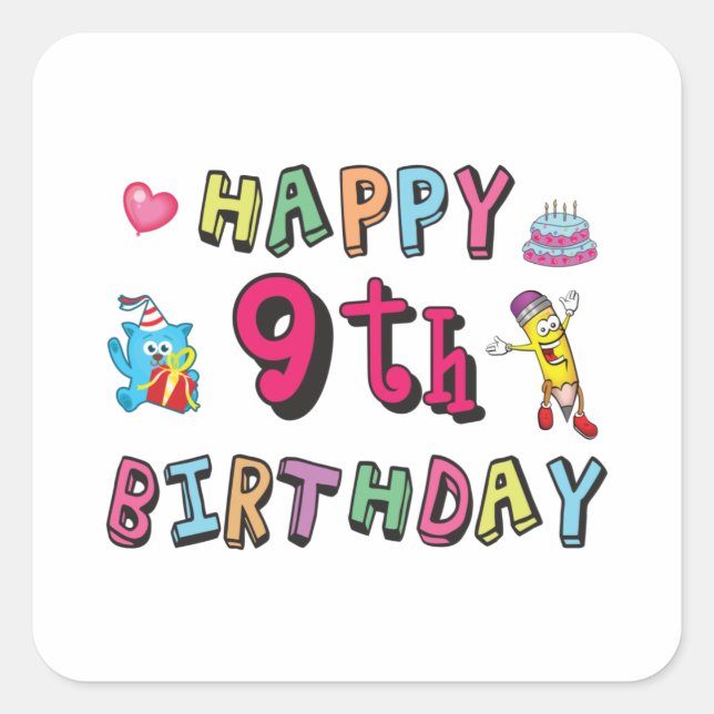 Adesivo Quadrado Feliz 9.º aniversário para crianças de 9 anos B-da (Frente)