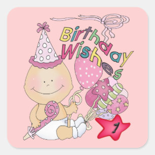 Adesivo Quadrado Feliz Aniversário A Garota deseja 1 ano
