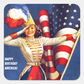 Adesivo Quadrado Feliz aniversário, América. Pin-up retrô de 4 de j