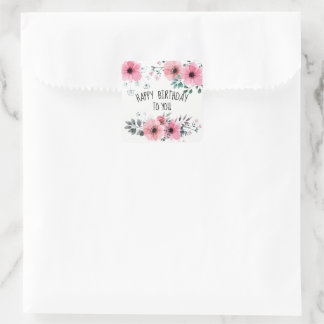 Adesivo Quadrado Feliz Aniversário Aquarela Bonito Rosa Floral