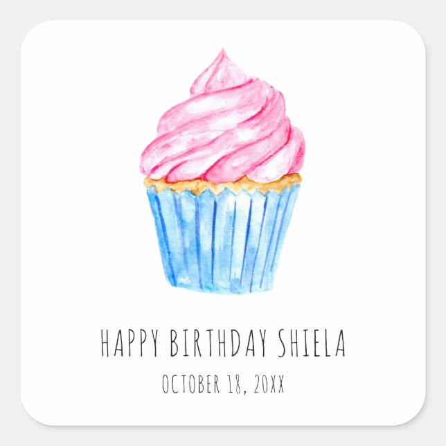 Adesivo Quadrado Feliz Aniversário Aquarela cupcake rosa-rosa (Frente)