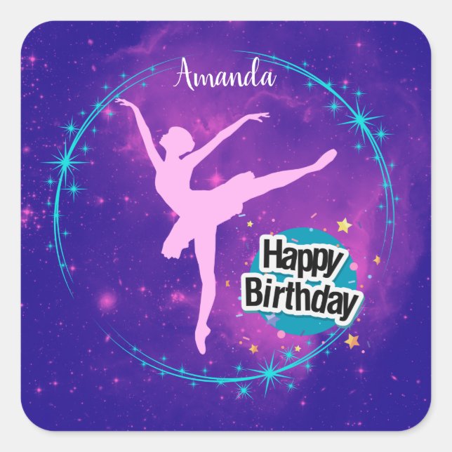 Adesivo Quadrado Feliz Aniversário Ballerina Galaxy Personalizado (Frente)