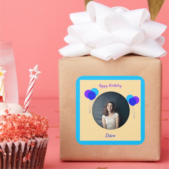 Adesivo Quadrado Feliz Aniversário Balões Personalizados Foto e Tex (Festa)