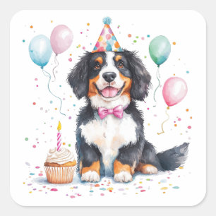 Adesivo Quadrado Feliz Aniversário Bernese Mountain Dog