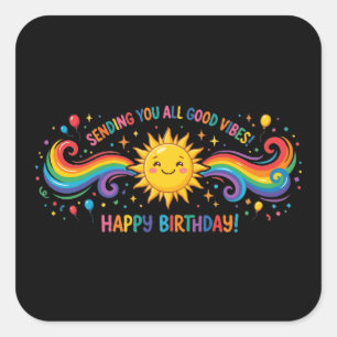 Adesivo Quadrado Feliz Aniversário Boas Vibrações Arco-Íris Sol