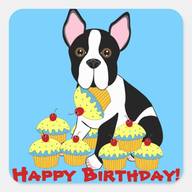 Adesivo Quadrado Feliz aniversário, Boston Terrier Cupcakes Sticker (Frente)