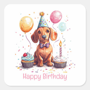 Adesivo Quadrado Feliz Aniversário Cachorro Dachshund