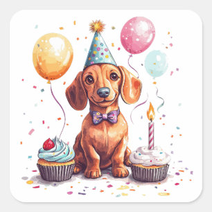 Adesivo Quadrado Feliz Aniversário Cachorro Dachshund 