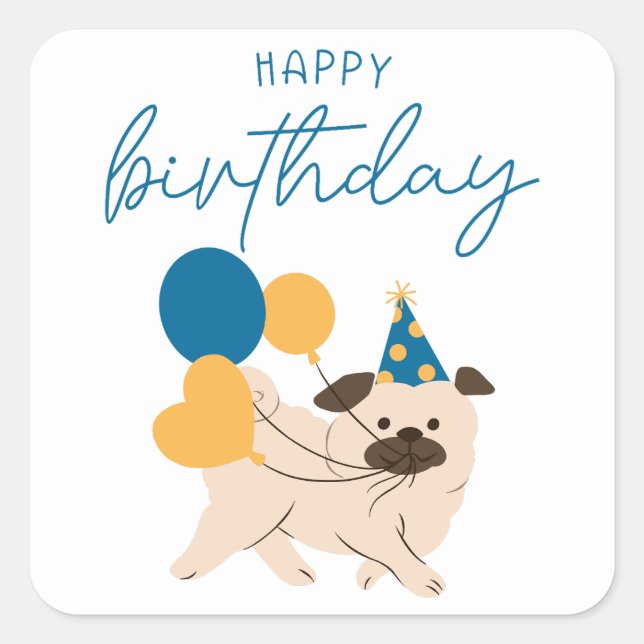 Adesivo Quadrado Feliz Aniversário Cachorro e Balões Simples Aniver (Frente)