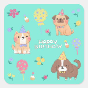 Adesivo Quadrado Feliz Aniversário: Cães, Balões e Flores