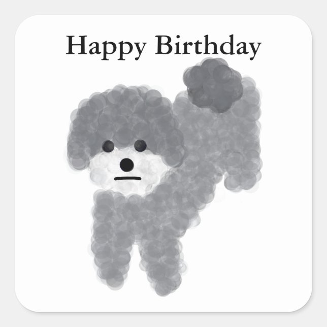 Adesivo Quadrado Feliz Aniversário Cinza Poodle #2 Stickers (Frente)