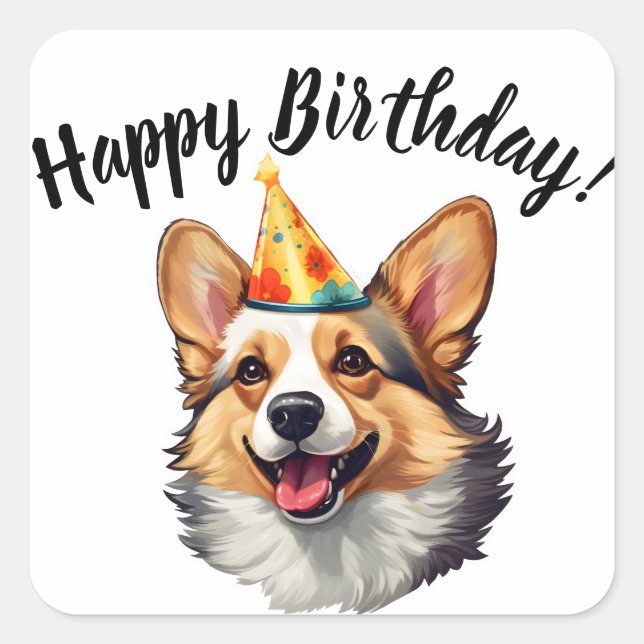 Adesivo Quadrado Feliz aniversário, cone Corgi (Frente)
