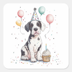 Adesivo Quadrado Feliz Aniversário Cupcake de Filhote de Dogue Alem