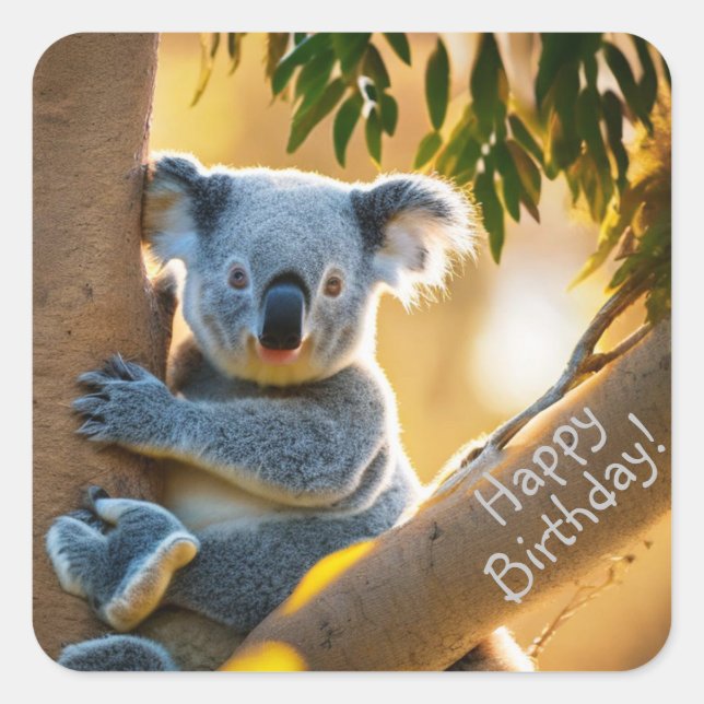 Adesivo Quadrado Feliz Aniversário, Cute Koala Bear Stickers (Frente)