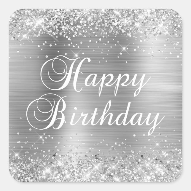 Adesivo Quadrado Feliz Aniversário da Glittery Silver Foil (Frente)