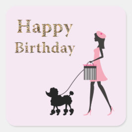 Adesivo Quadrado Feliz aniversário da moça que caminha no poodle ne