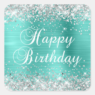 Adesivo Quadrado Feliz Aniversário da Turquesa Silver Glitter