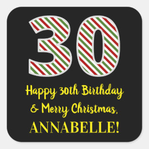 Adesivo Quadrado Feliz aniversário de 30 anos e Feliz Natal, Nome 