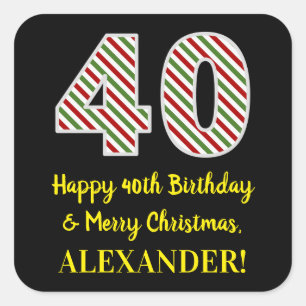 Adesivo Quadrado Feliz aniversário de 40 anos e Feliz Natal, Nome 