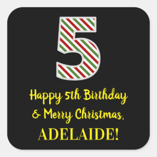 Adesivo Quadrado Feliz aniversário de 5 e feliz Natal, nome person