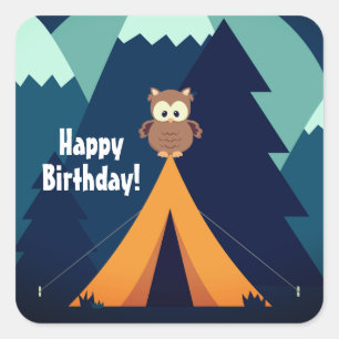 Adesivo Quadrado Feliz Aniversário de Camping, Tent, Coruja e Mont