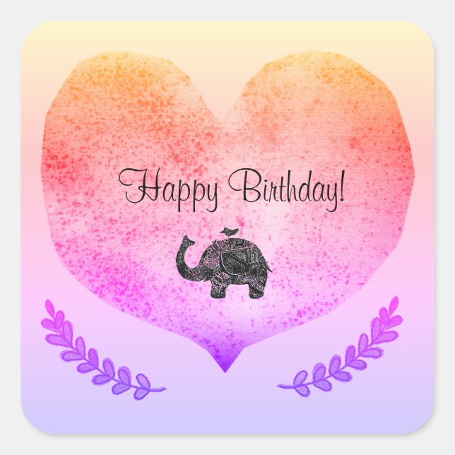 Adesivo Quadrado Feliz Aniversário de Elefante Brilhante (Frente)