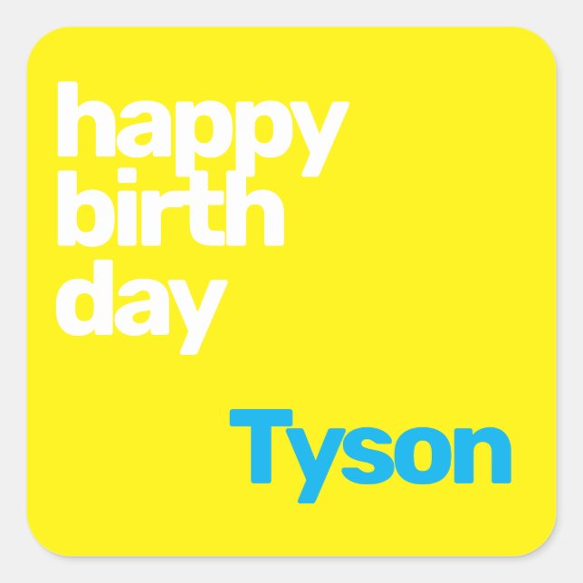 Adesivo Quadrado feliz aniversário de festa mínimo amarelo (Frente)