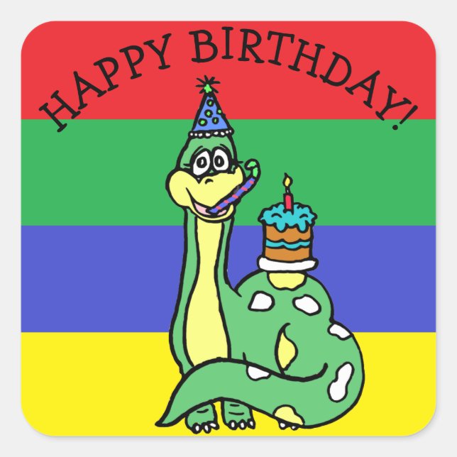 Adesivo Quadrado Feliz aniversário Dinossauro (Frente)