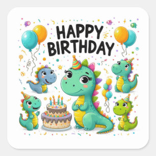 Adesivo Quadrado Feliz Aniversário, Dinossauros Cutes Celebrando