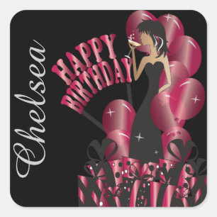 Adesivo Quadrado Feliz aniversário Diva Girl   DIY Name   Ruby Red