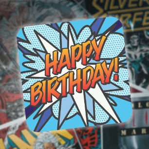Adesivo Quadrado FELIZ ANIVERSÁRIO Diversão Retro Quadrinhos