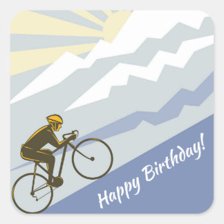 Adesivo Quadrado Feliz Aniversário do Ciclista Biking Mountain Road