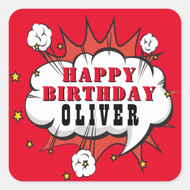 Adesivo Quadrado Feliz Aniversário do Super Herói Discurso Bble Boy (Frente)