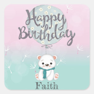 Adesivo Quadrado Feliz Aniversário do Urso Bonito